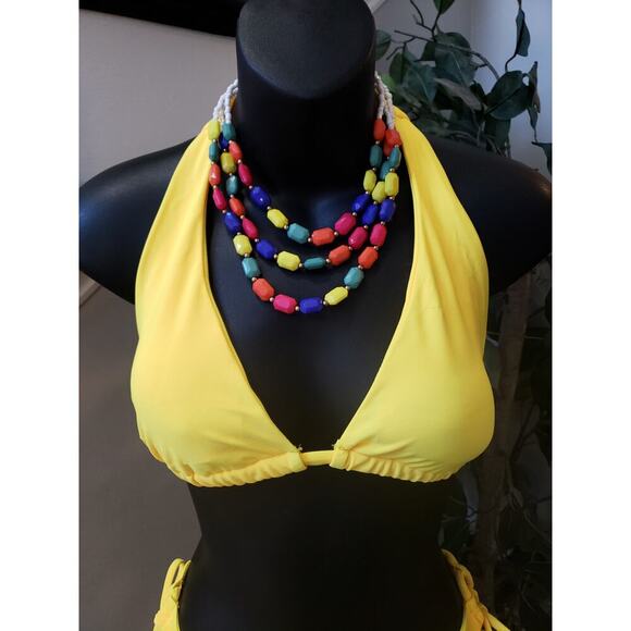 Women's 2 Piece Swimsuit Large Yellow Stretch Triangle Backless Halter Neck - Picture 4 of 8